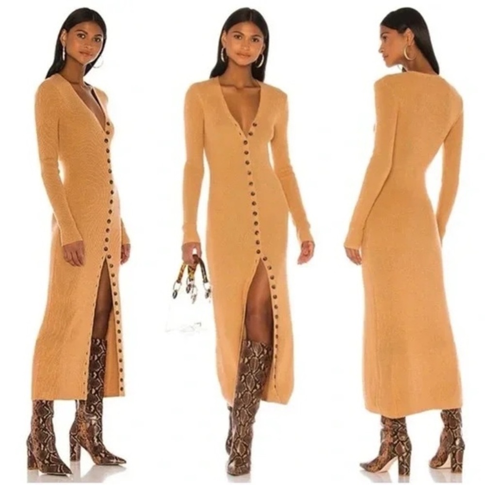 LPA Kavala Long Sleeve Ribbed Knit Sweater Dress Camel/Tan Small Button Front